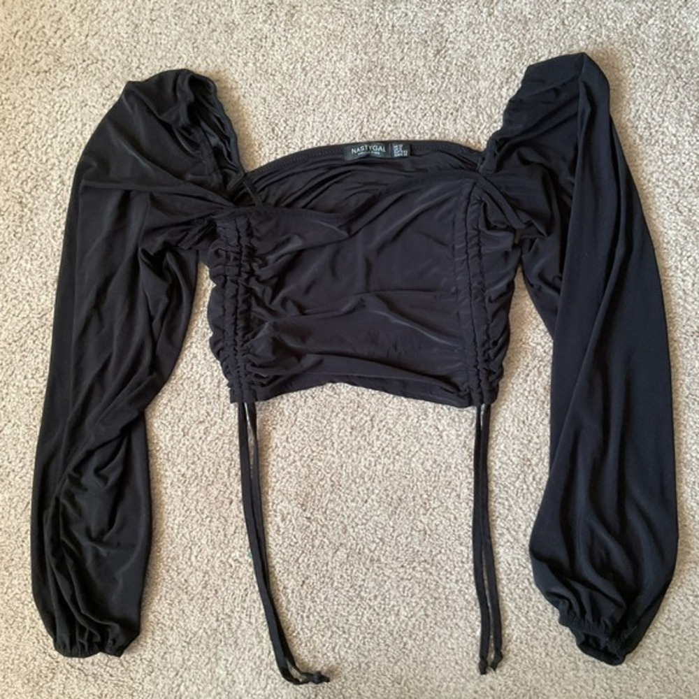 Nasty Gal Peasant Sleeve Black Ruched‎ Crop Top Size 8 Whimsigoth Romantic